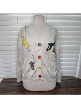 Ebossy Cream Embroidered Knit Cardigan Sweater Size M